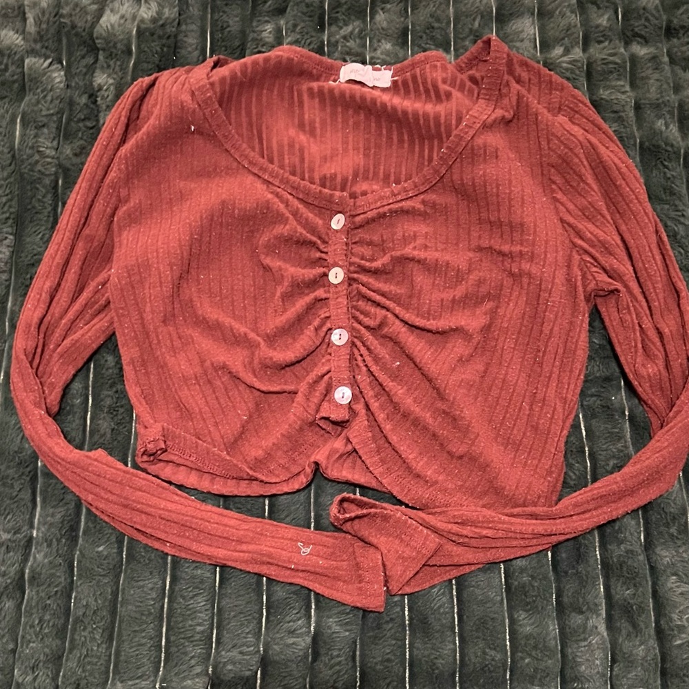Women's Ribbed Cropped Button-Up Top - Rust